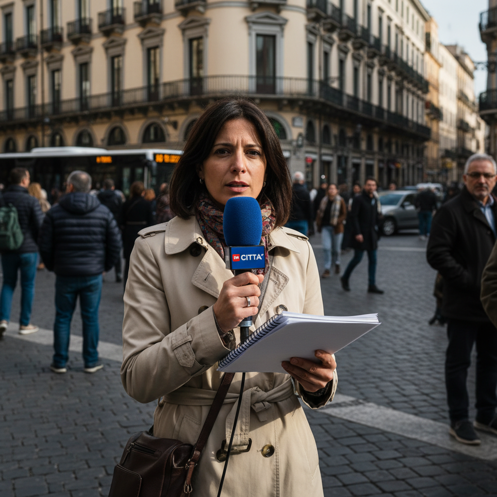 Stampa Tradizionale: A female reporter holding a blue CITTA microphone and notebook in a busy city square.