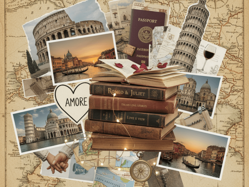Vintage collage of Italian landmarks, classic books, and travel mementos with the word AMORE.