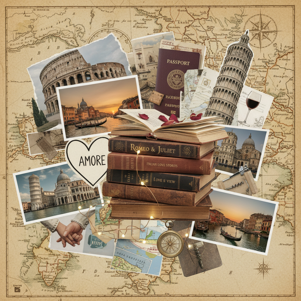 Vintage collage of Italian landmarks, classic books, and travel mementos with the word AMORE.