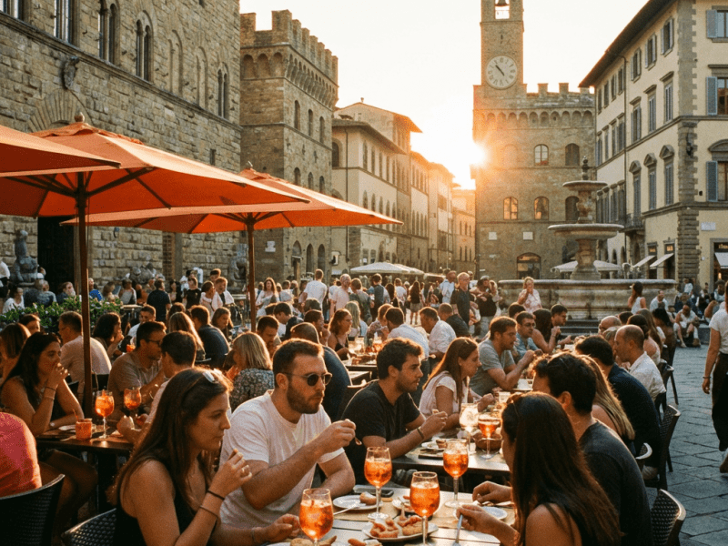 Crowd of people dining outdoors in an old Italian square at sunset.