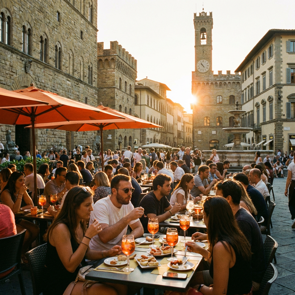 Crowd of people dining outdoors in an old Italian square at sunset.