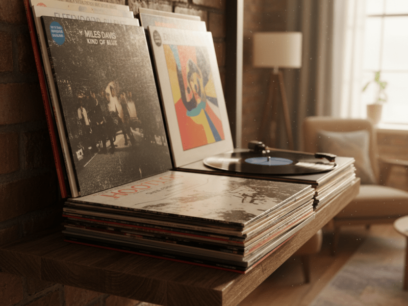 Miles Davis Kind of Blue and other vinyl records displayed on a shelf against a brick wall.