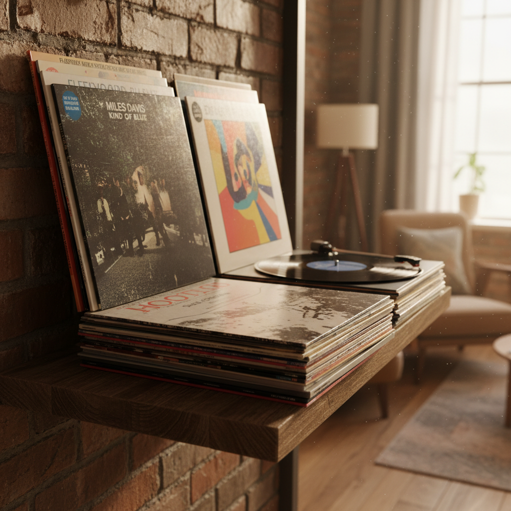 Miles Davis Kind of Blue and other vinyl records displayed on a shelf against a brick wall.