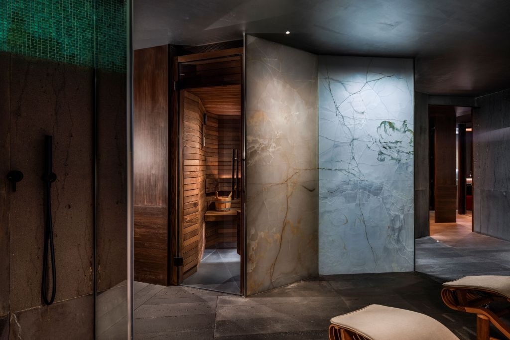 Interior view of a modern spa with a wooden sauna entrance, sleek walls, and ambient lighting.
