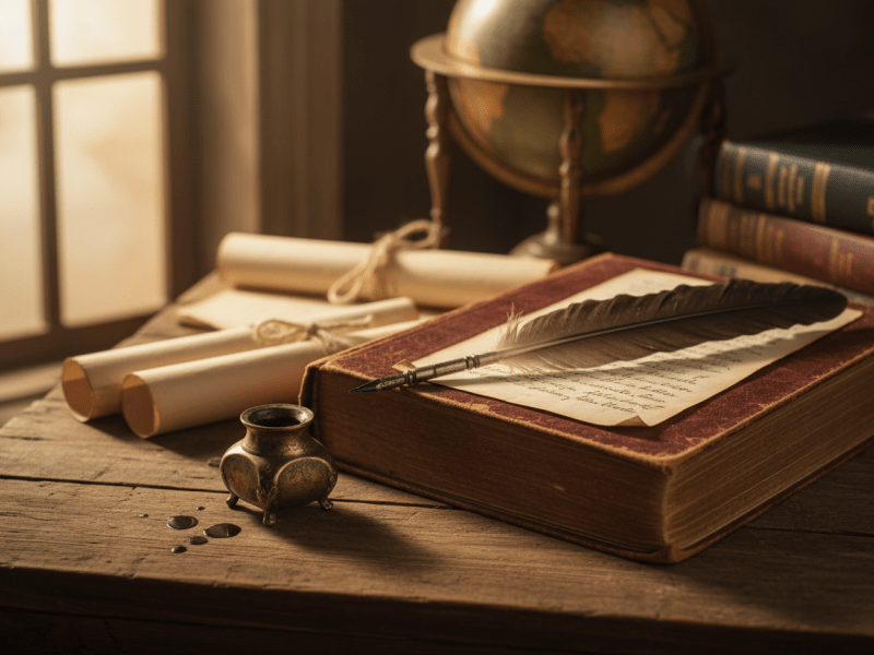 Quill pen resting on a book page, with ink pot, rolled scrolls, and globe