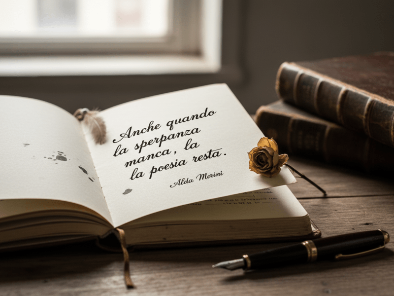 Open book showing Italian poetry quote by Alda Merini with dried rose and fountain pen