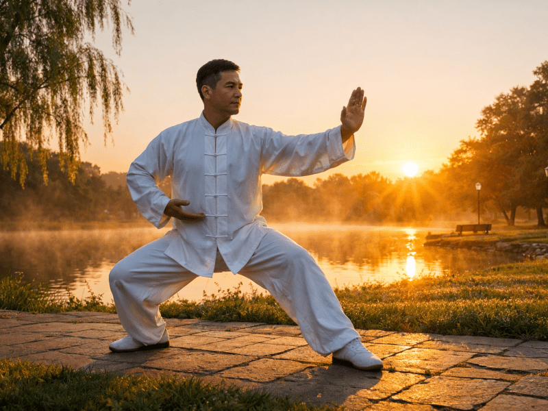 Man in white traditional clothing practicing tai chi by a lake at sunrise