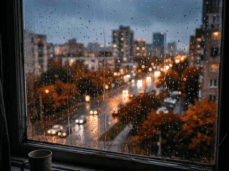 Raindrops on a window glass with blurred city lights and traffic outside
