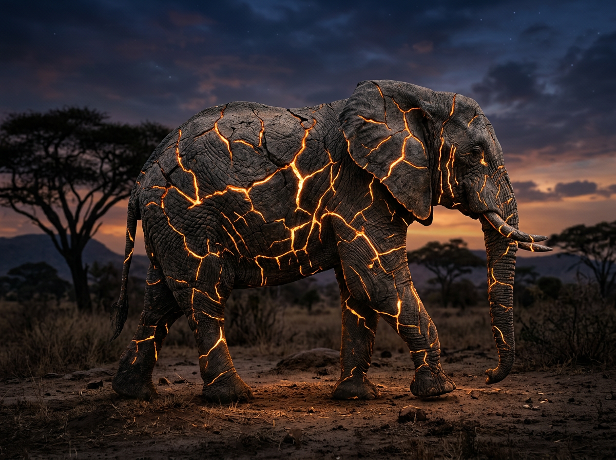 Elephant with glowing lava-like cracks on its skin walking in a savanna at dusk