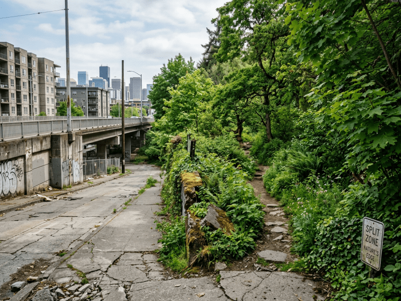 Cracked urban path dividing a concrete road on left and dense green forest trail on right