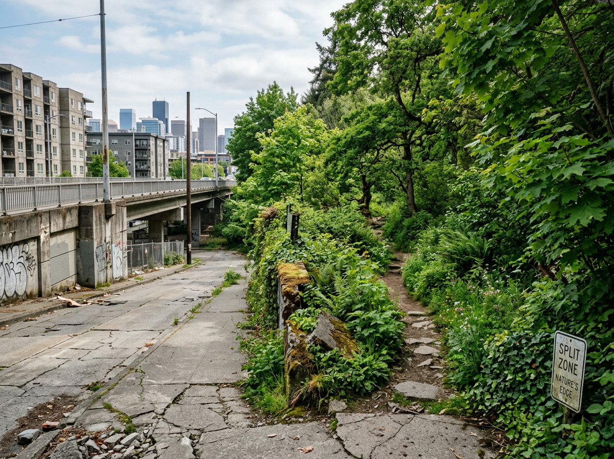 Cracked urban path dividing a concrete road on left and dense green forest trail on right