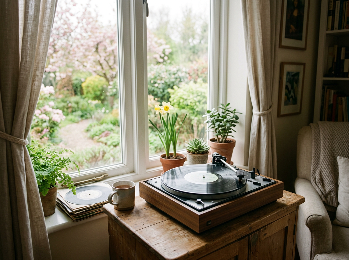 Vintage record player on wooden table near window with potted plants and cup of tea