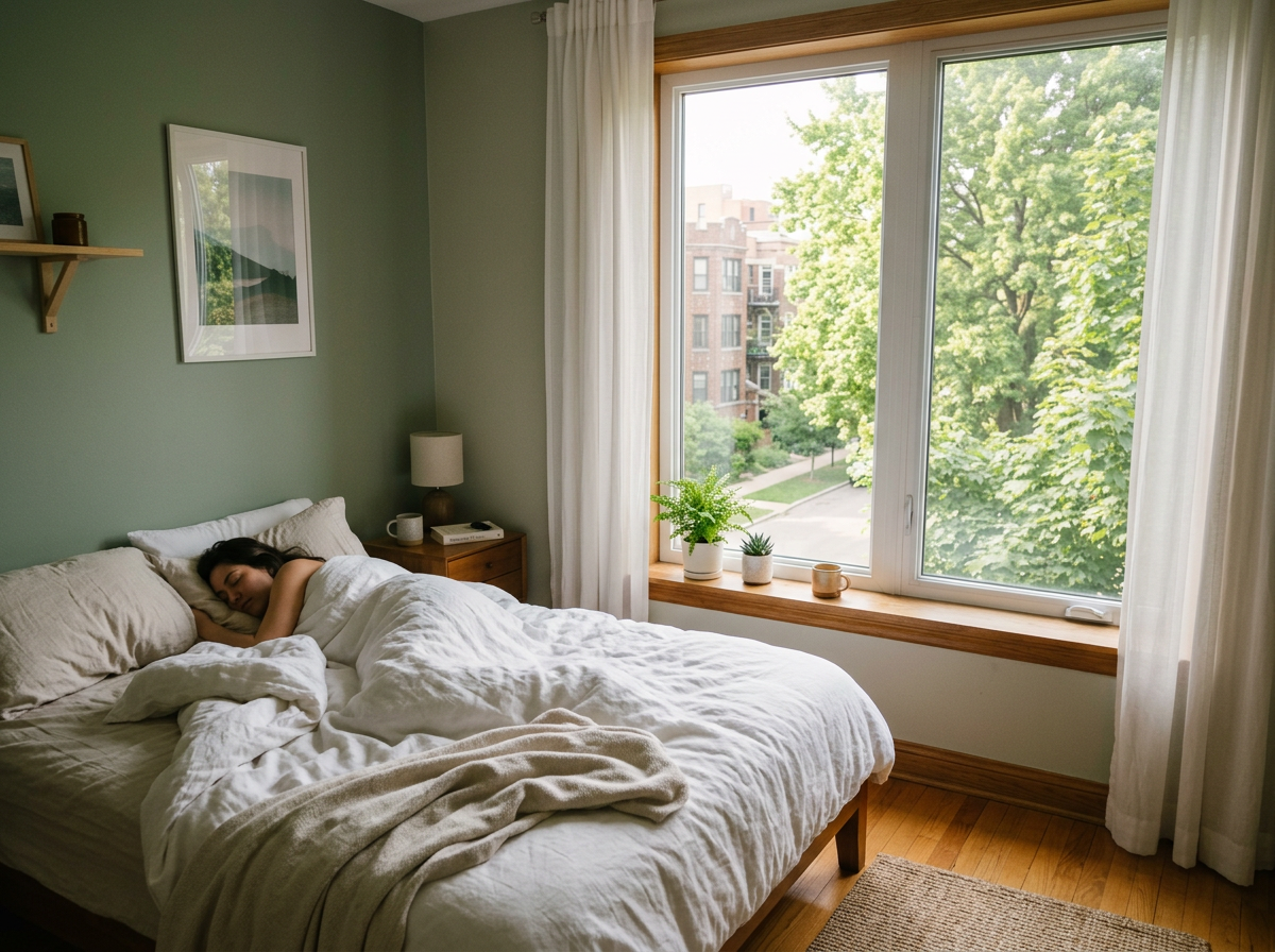 Woman sleeping in bed with white bedding near large window showing green trees and urban buildings outside