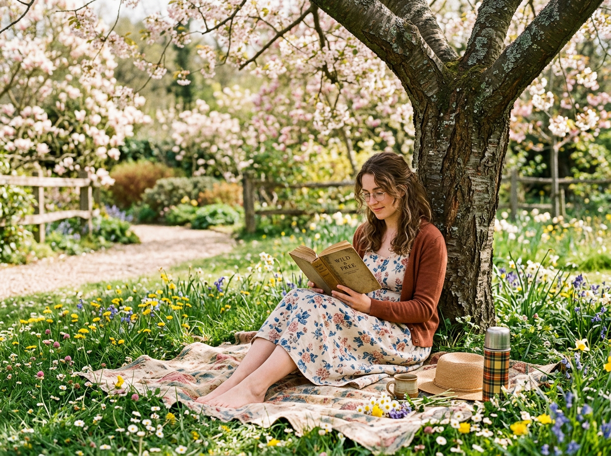 Woman sitting on a blanket reading a book under a flowering tree in a garden