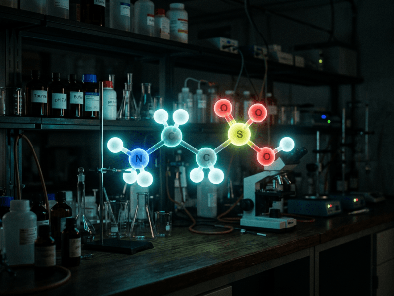 Chemical structure overlay of molecule with nitrogen, carbon, sulfur, and oxygen atoms above lab bench with bottles and microscope