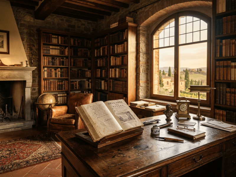 Vintage study with open antique book, wooden desk, bookshelves, globe, and window showing Tuscan countryside