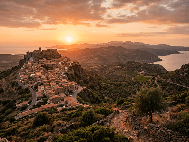 Hilltop village with stone buildings and a castle at sunset near the sea