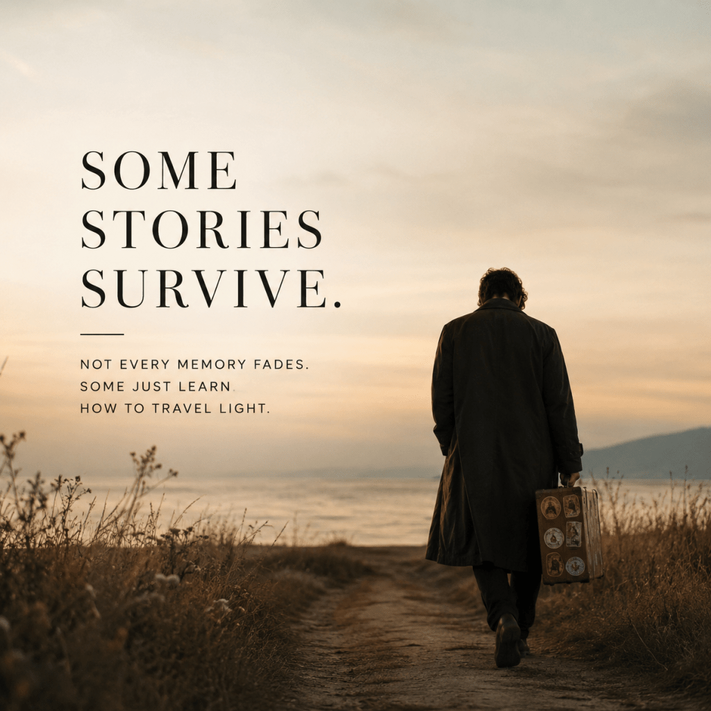 A story A person with a suitcase walking down a path by the seaside at sunset, with text overlay about memories and a story