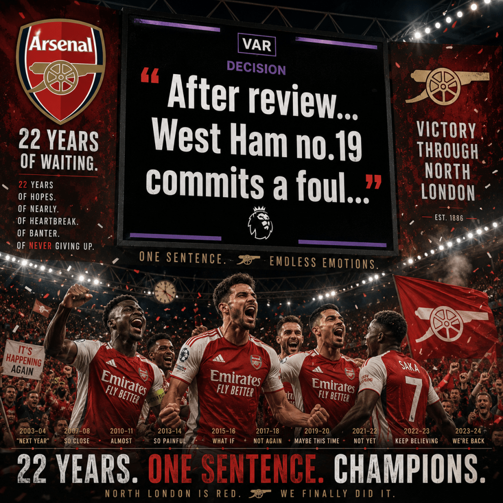 Image celebrating Arsenal FC's victory with players rejoicing, featuring a VAR decision text stating a foul by West Ham, highlighting 22 years of waiting with a dramatic design.