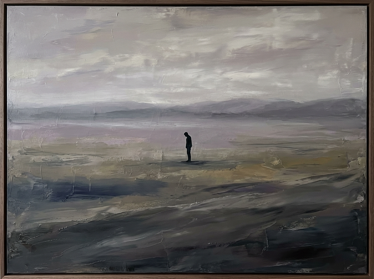 Silhouette of a person standing alone in a vast, misty landscape with muted colors