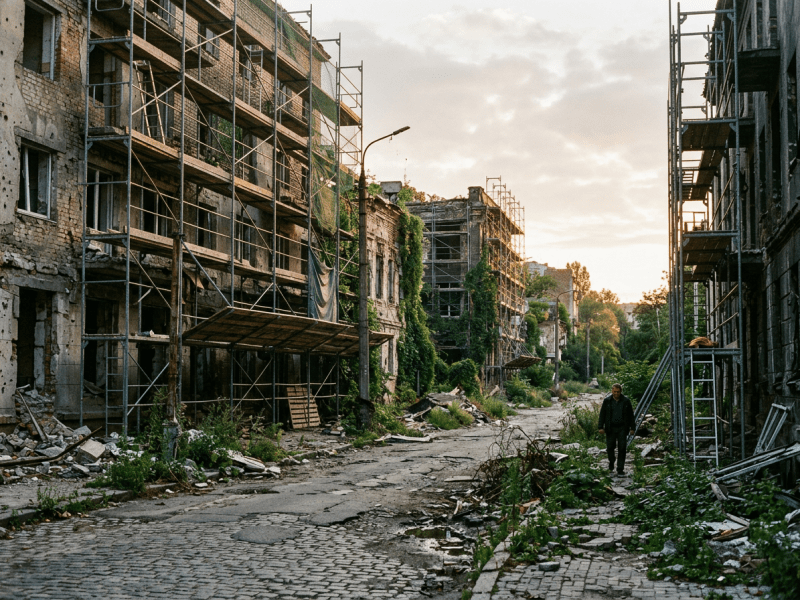 Rubble-strewn street with damaged buildings and scaffolding during sunset