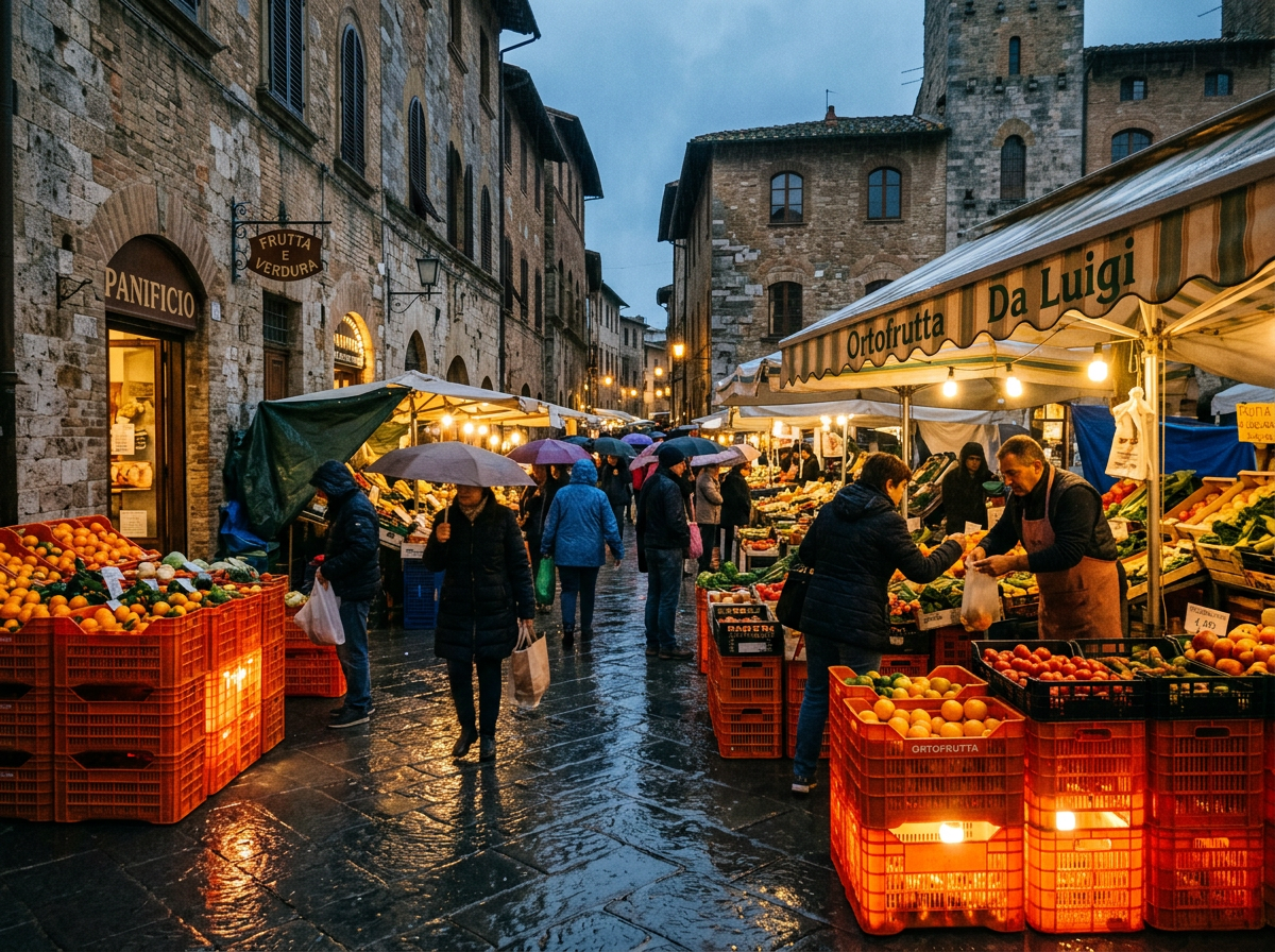 People shopping at a rainy outdoor fruit and vegetable market in a historic town square
