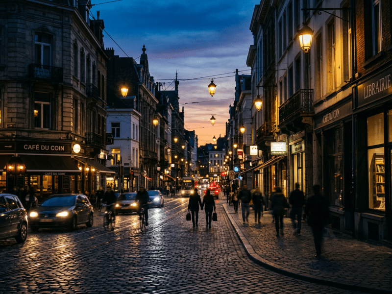 Couple walking on cobblestone street with cars, bicycles, and pedestrians at dusk in European city