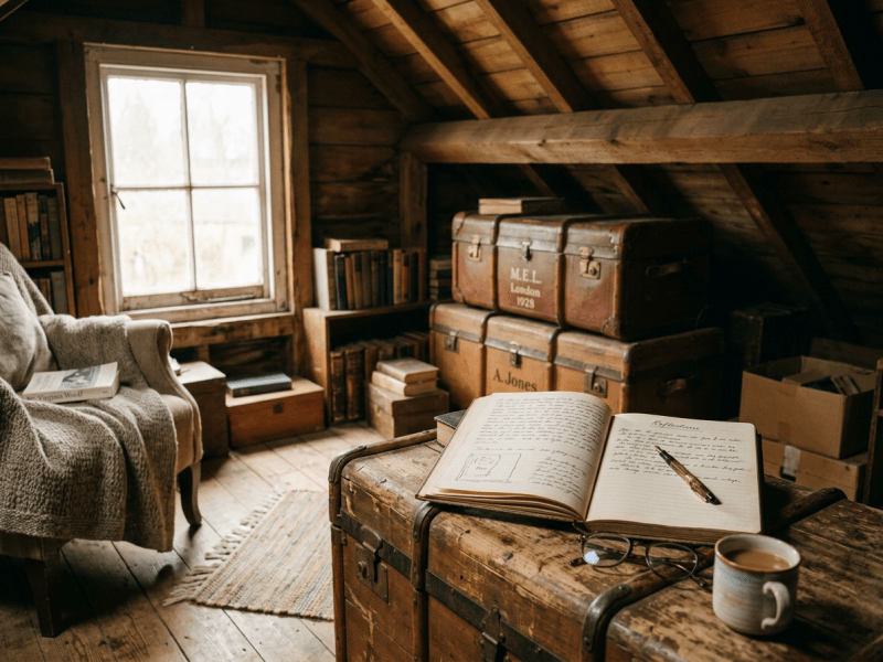Open notebook with pen on wooden trunk in cozy attic reading nook