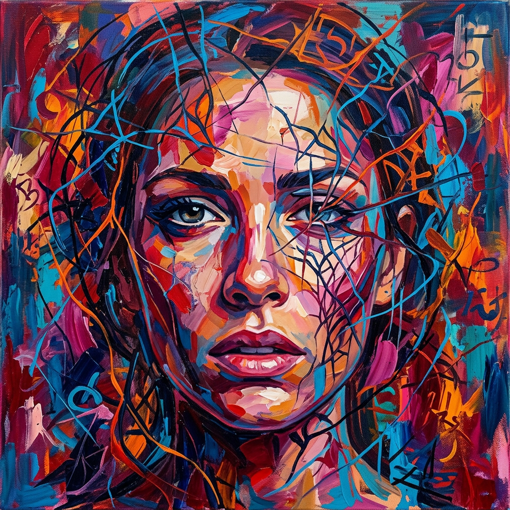 Abstract painting of a woman's face with bright colors and intersecting lines