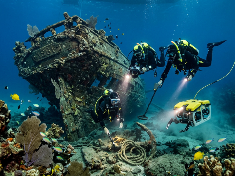 Three scuba divers investigating an underwater shipwreck with diving lights and a yellow underwater robot