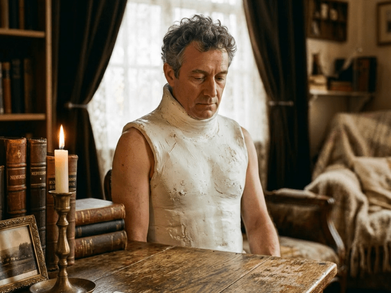 Man with plaster torso cast, humble setting