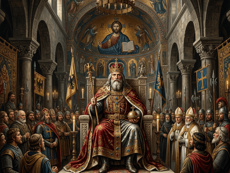 Medieval king seated on throne surrounded by nobles and clergy in decorated hall
