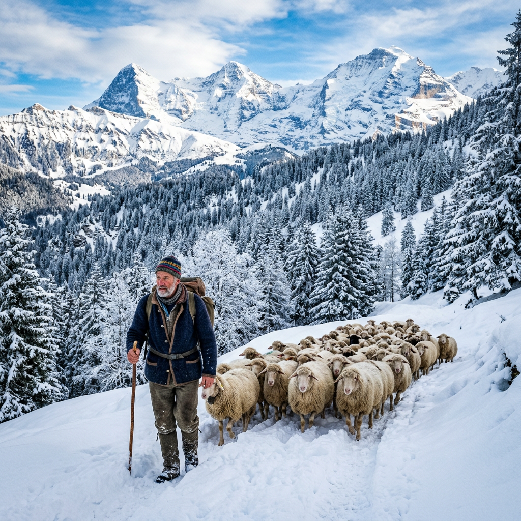 Alpine plateau shepherd in snowy forest landscape