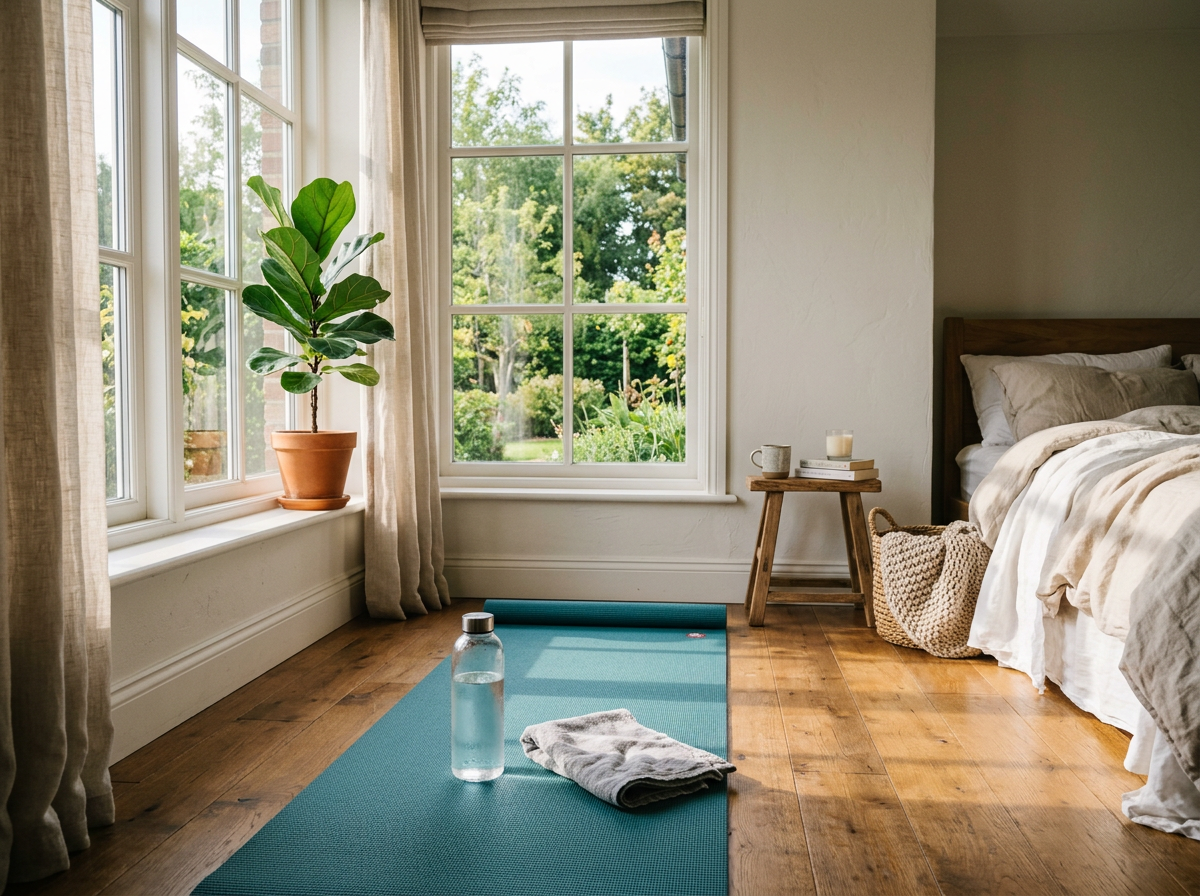 Bedroom yoga mat with towel and water bottle next to a window with green plant
