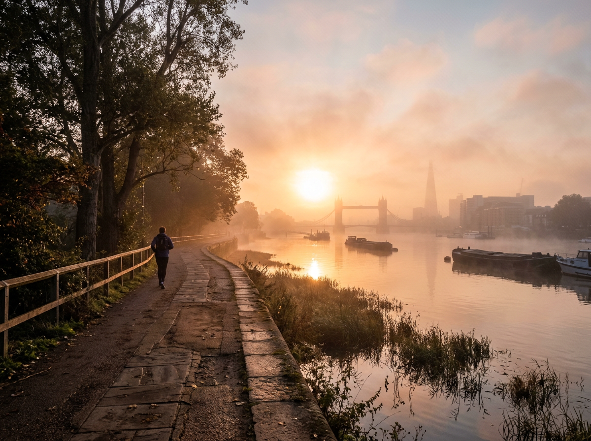 Jogger running along riverside path near Tower Bridge at sunrise