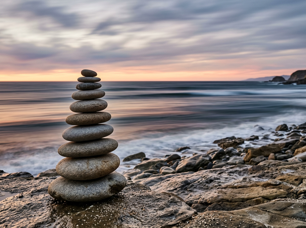 Stack of smooth stones balanced on a rocky beach at sunset