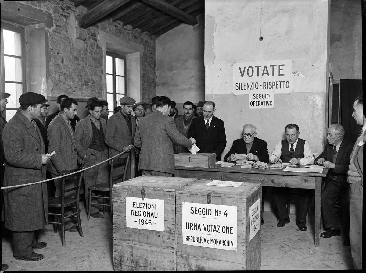 Men voting at a 1946 Italian regional election polling station with ballot boxes and officials