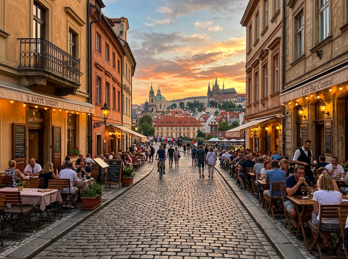 Cobblestone street with outdoor cafes and people dining at sunset