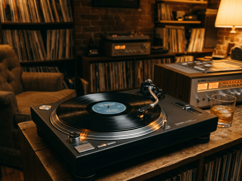 Vinyl record spinning on a turntable in a cozy room with vintage audio equipment and records