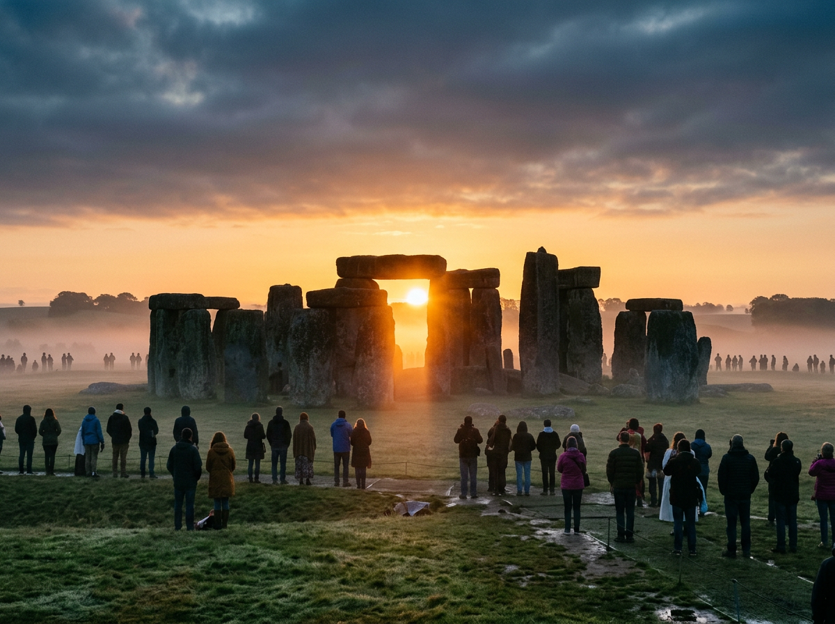 Stonehenge monument with sunrise visible through the standing stones and people watching