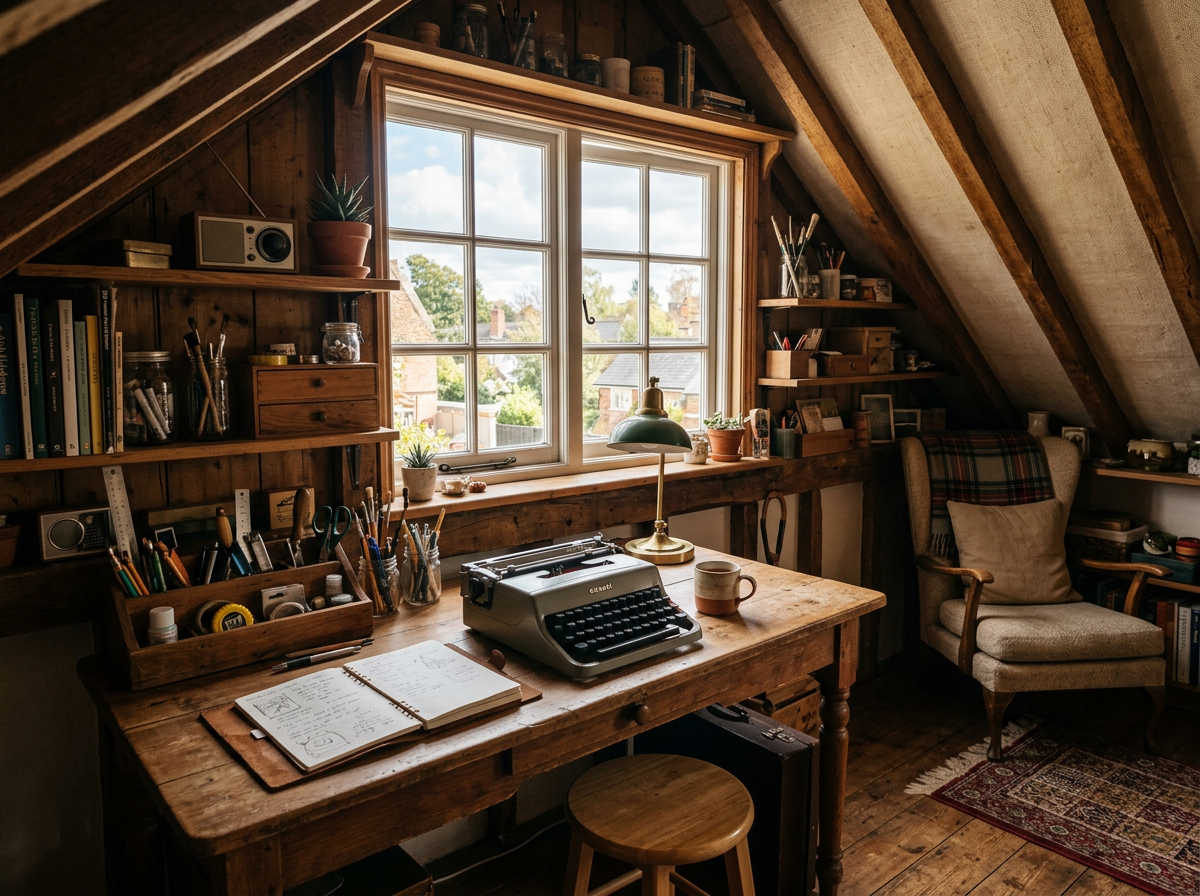 Rustic attic room with a wooden desk, typewriter, notebook, and an armchair