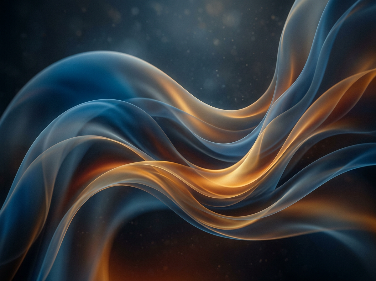 Translucent blue and orange flowing waves creating an abstract pattern
