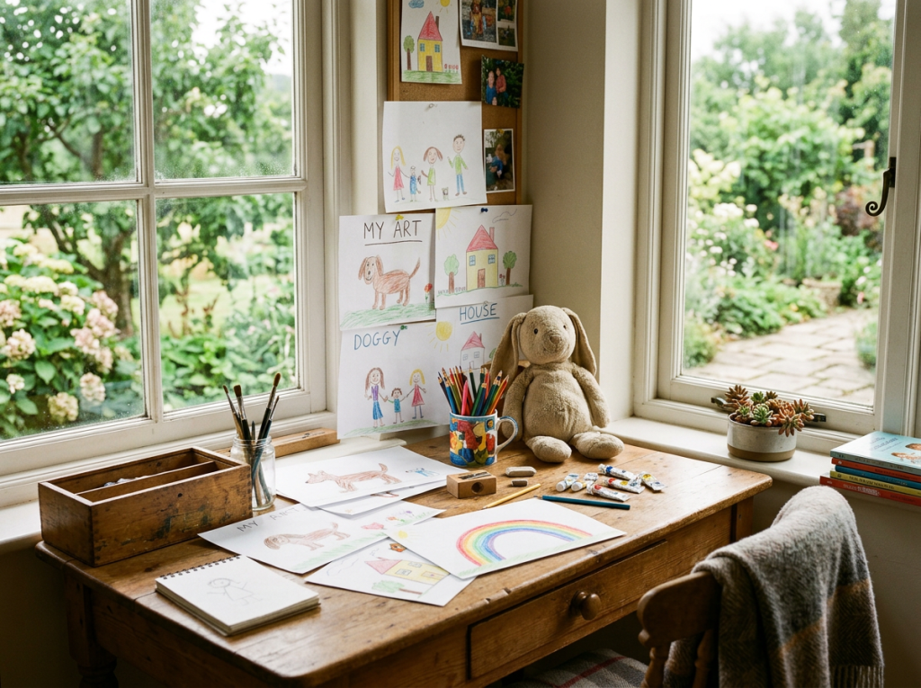 Fotografia Creativa :
Children's drawings, colored pencils, paint tubes, stuffed bunny on wooden desk by window