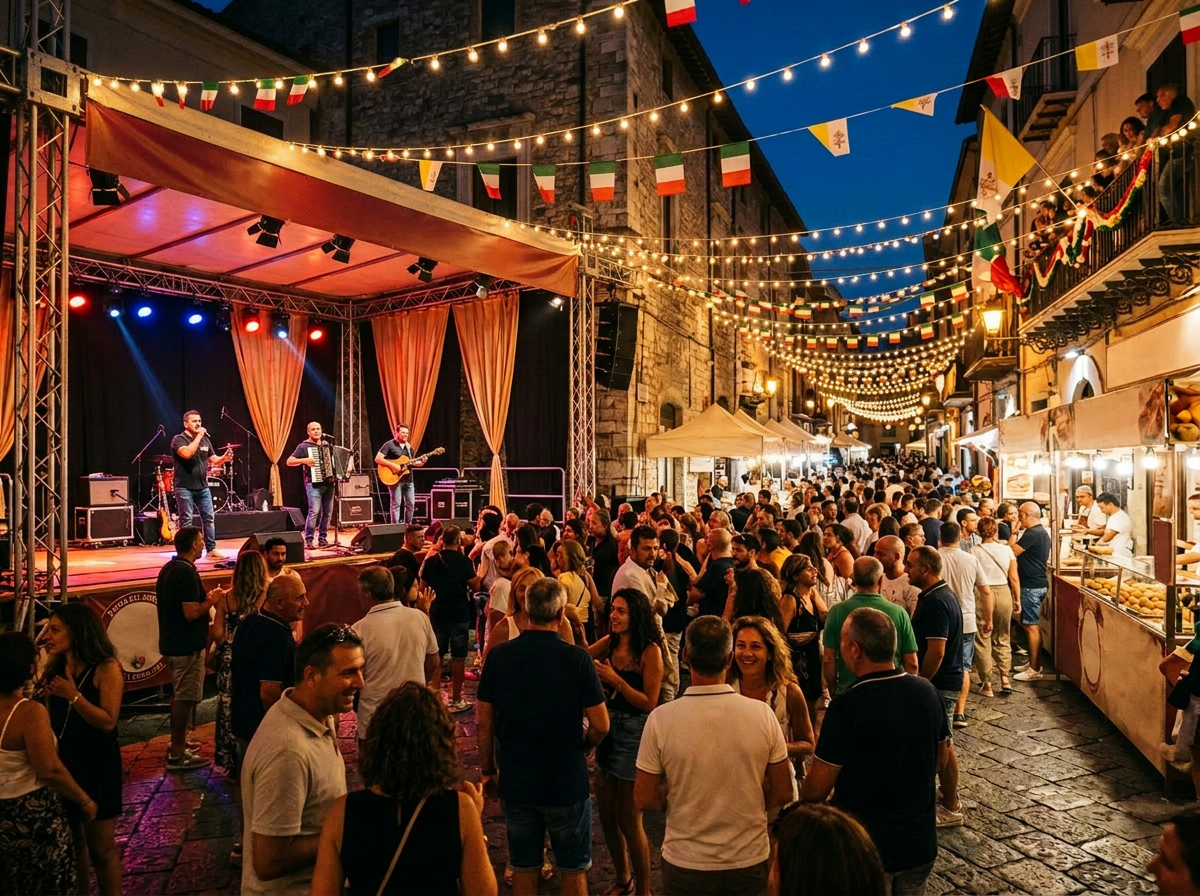 Crowd gathered at a lively Italian street festival with musicians performing on stage and food stalls under string lights