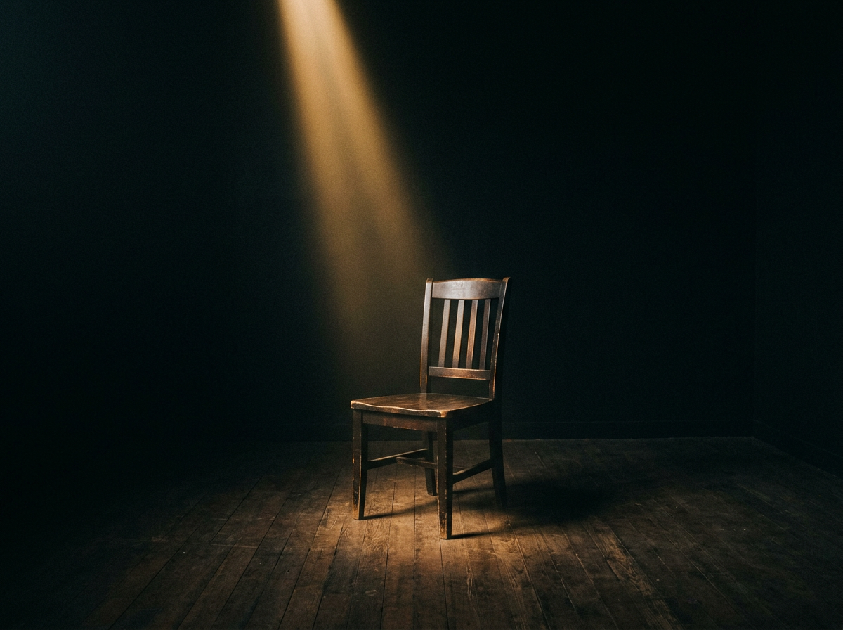 Wooden chair under warm spotlight on dark wooden floor
