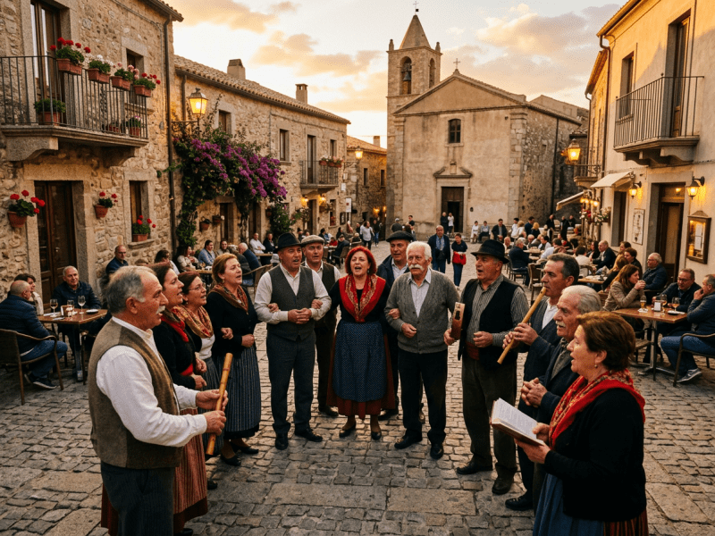 Villagers in traditional clothing singing and playing instruments in a town square with stone buildings