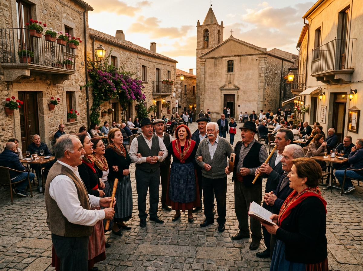 Villagers in traditional clothing singing and playing instruments in a town square with stone buildings