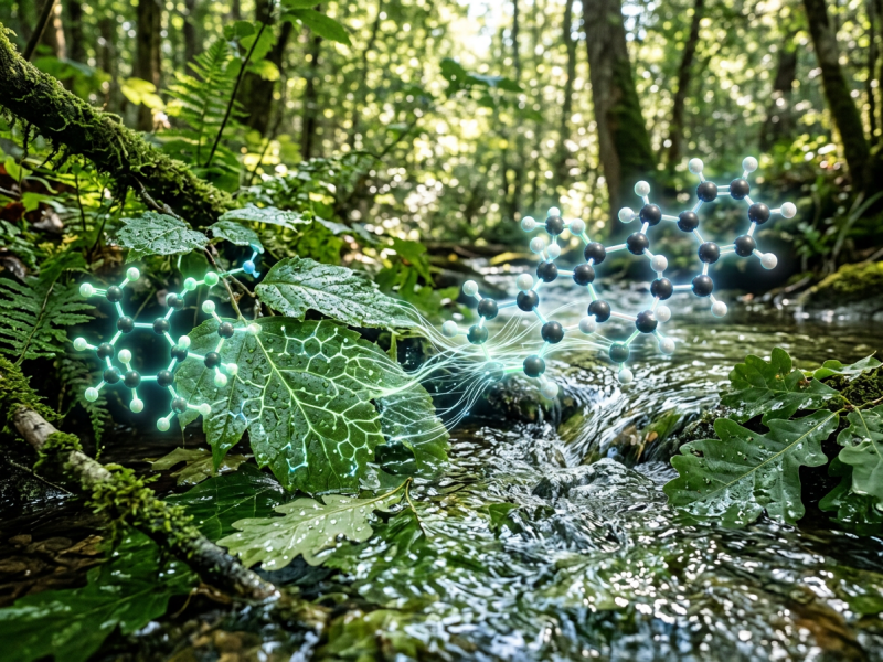 Molecular structures visualized over green leaves near a flowing stream in a forest