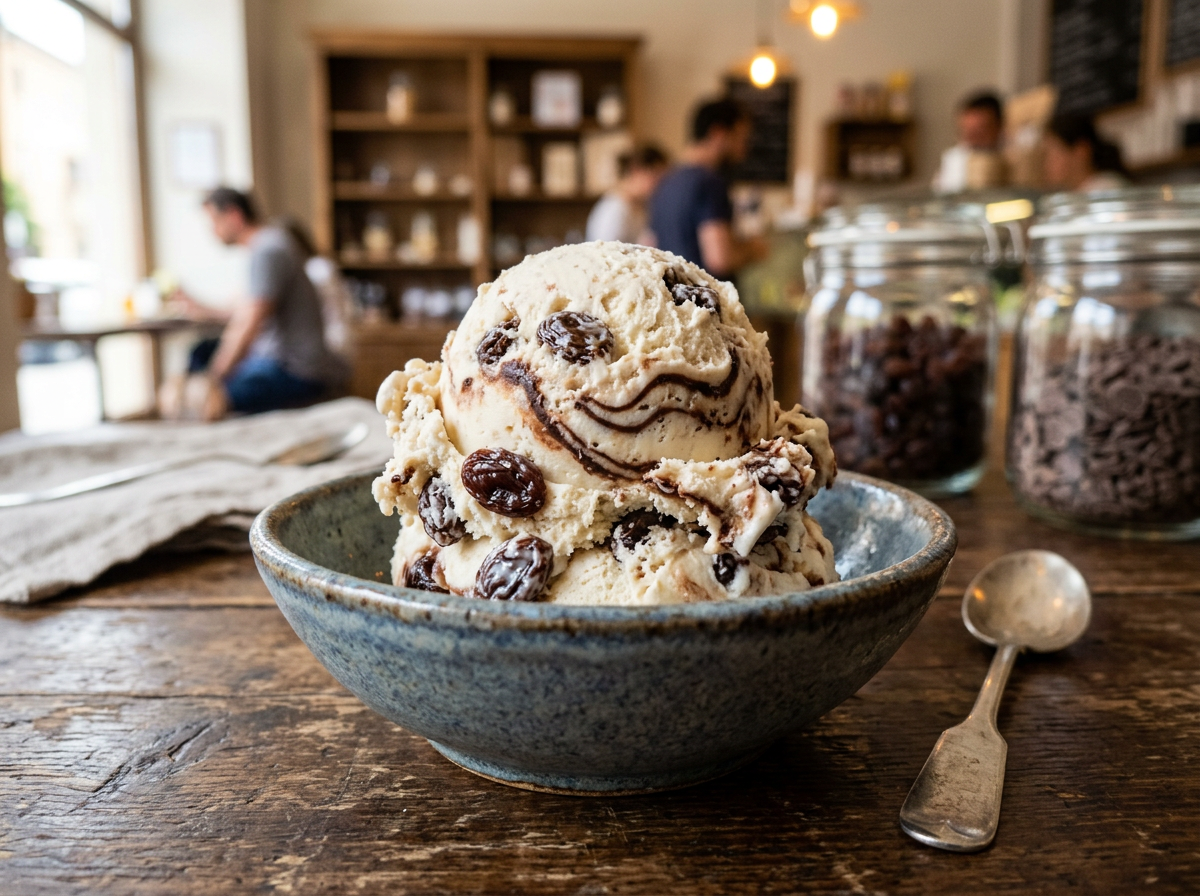 Scoop of rum raisin ice cream in a ceramic bowl on wooden table with jars and people in background