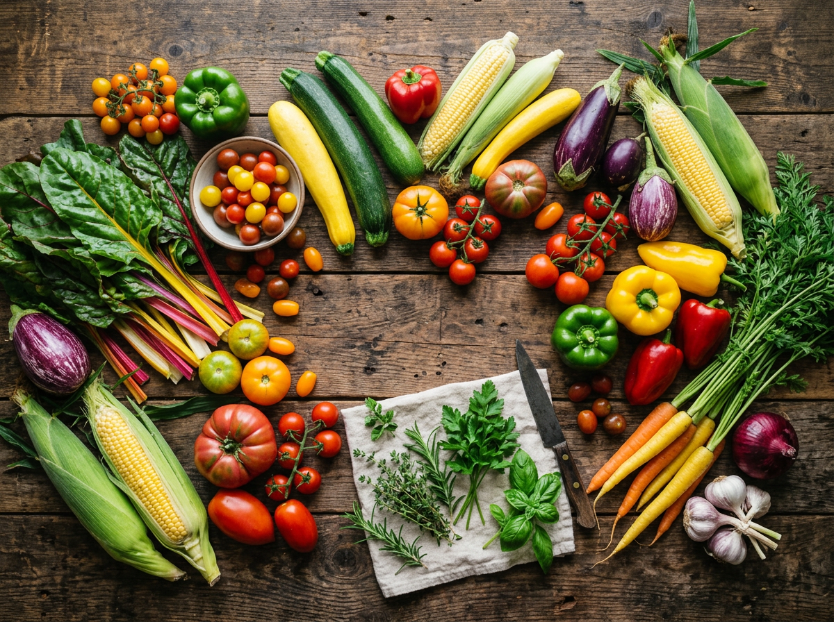 Variety of fresh vegetables and herbs arranged on wooden table